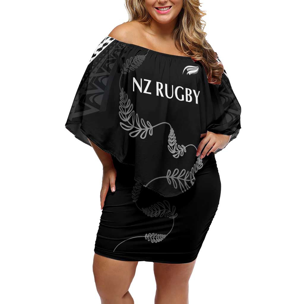New Zealand Rugby Custom Off Shoulder Short Dress Aotearoa Armour Blacks Silver Ferns - Polynesian Pride