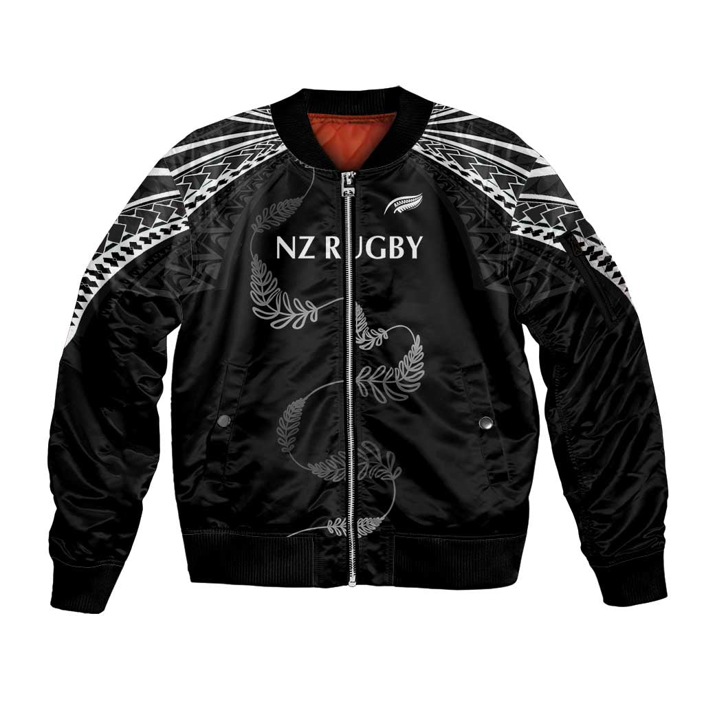 New Zealand Rugby Custom Sleeve Zip Bomber Jacket Aotearoa Armour Blacks Silver Ferns - Polynesian Pride