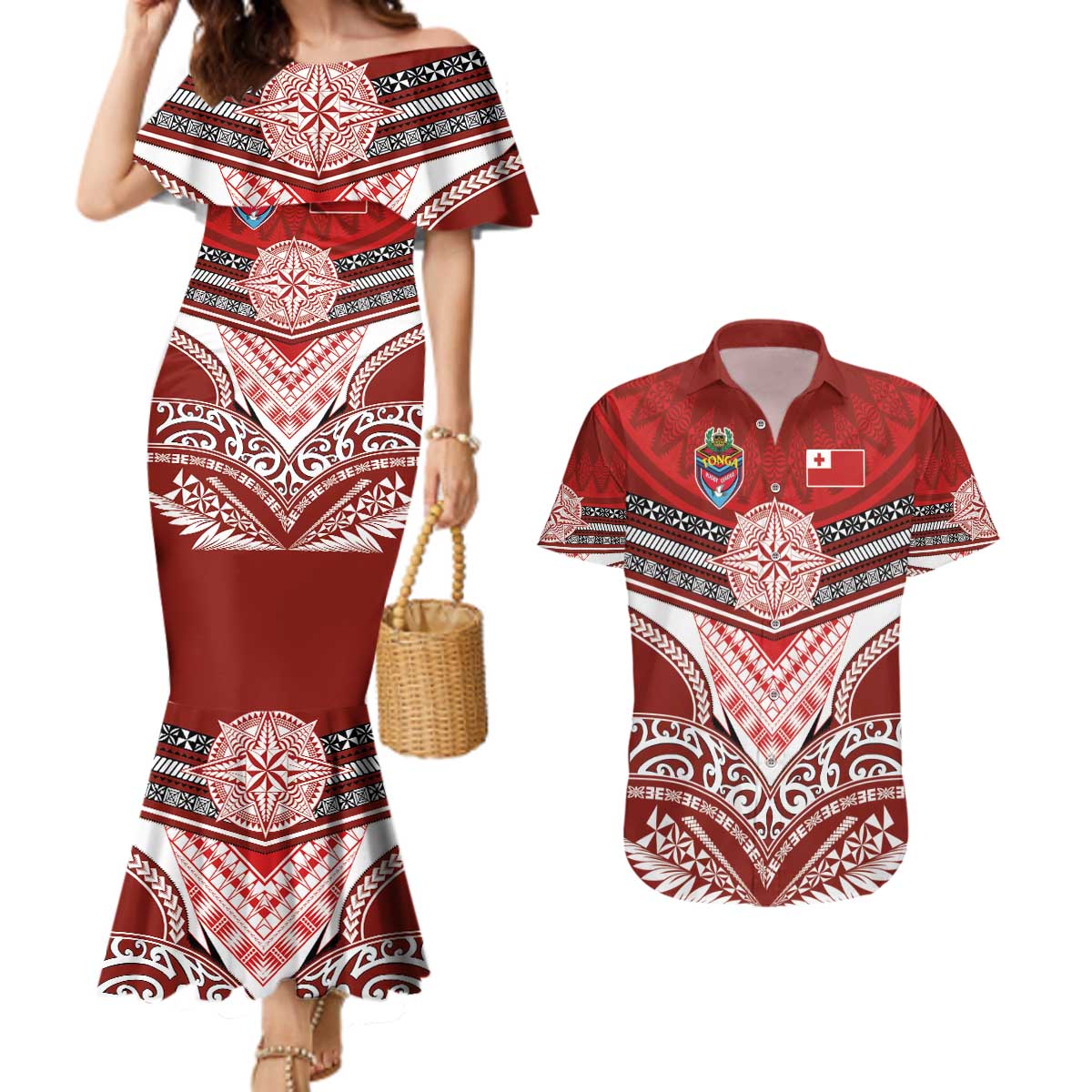 Tonga Rugby Custom Couples Matching Mermaid Dress and Hawaiian Shirt Mana o Tonga-Tribal Heritage Edition Red Color - Polynesian Pride