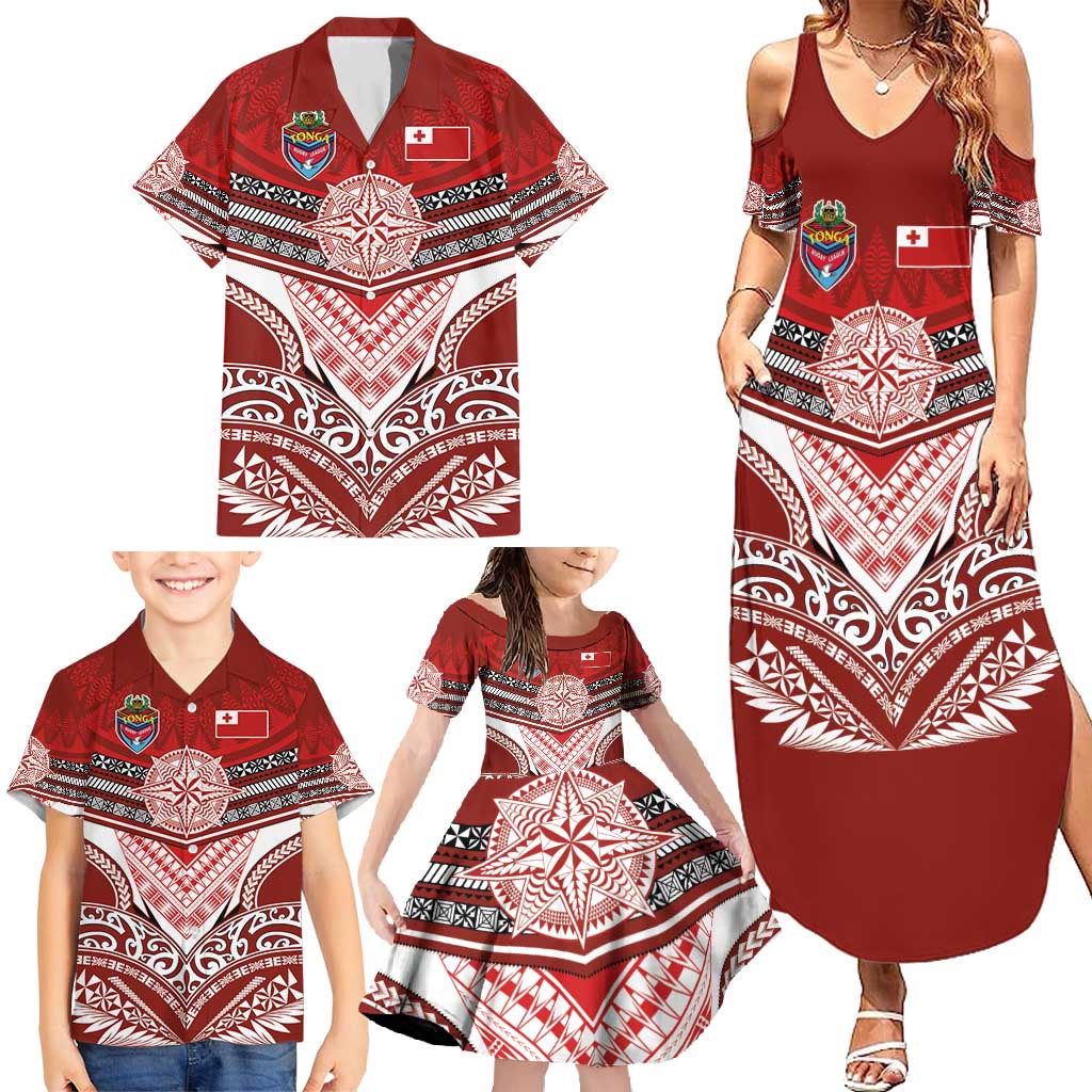 Tonga Rugby Custom Family Matching Summer Maxi Dress and Hawaiian Shirt Mana o Tonga-Tribal Heritage Edition Red Color - Polynesian Pride