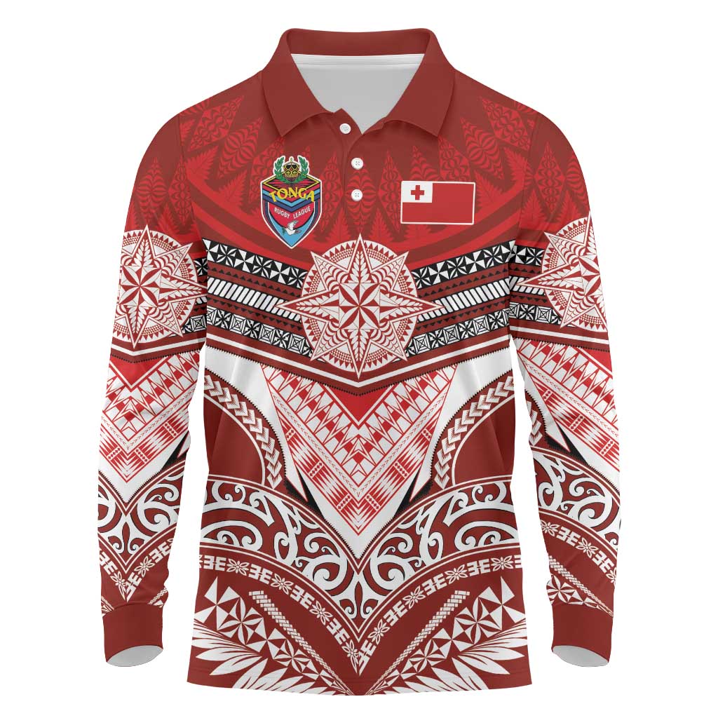 Tonga Rugby Custom Long Sleeve Polo Shirt Mana o Tonga-Tribal Heritage Edition Red Color - Polynesian Pride