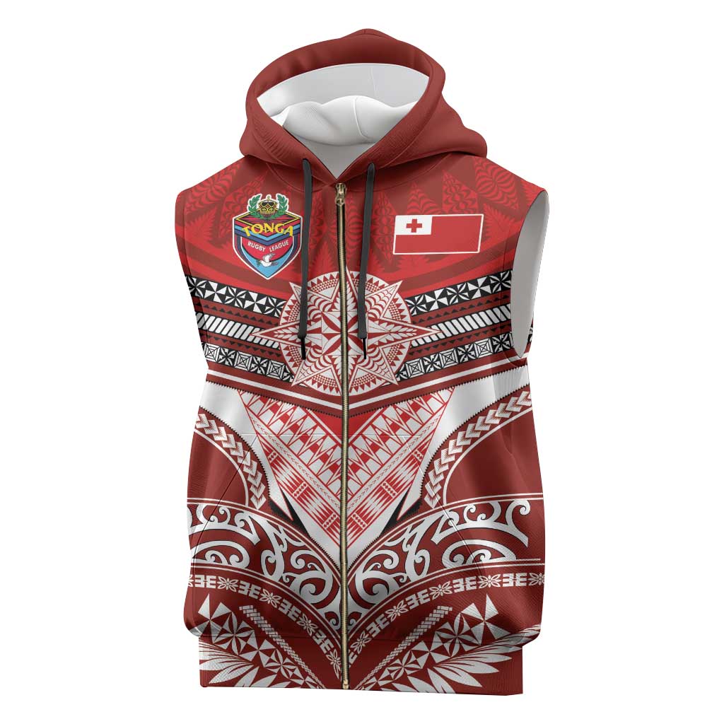 Tonga Rugby Custom Sleeveless Zip Hoodie Mana o Tonga-Tribal Heritage Edition Red Color - Polynesian Pride