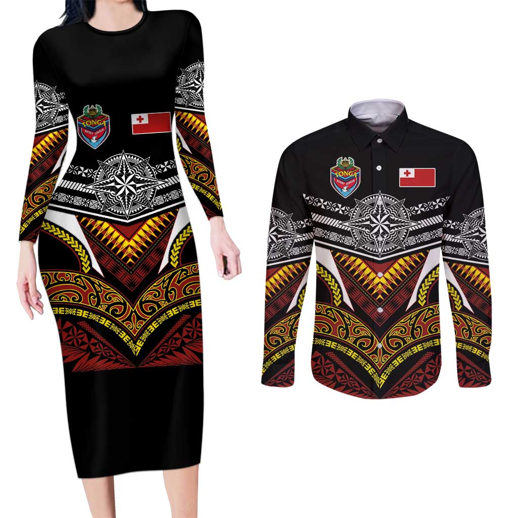 Tonga Rugby Custom Couples Matching Long Sleeve Bodycon Dress and Long Sleeve Button Shirt Mana o Tonga-Tribal Heritage Edition Black Color - Polynesian Pride