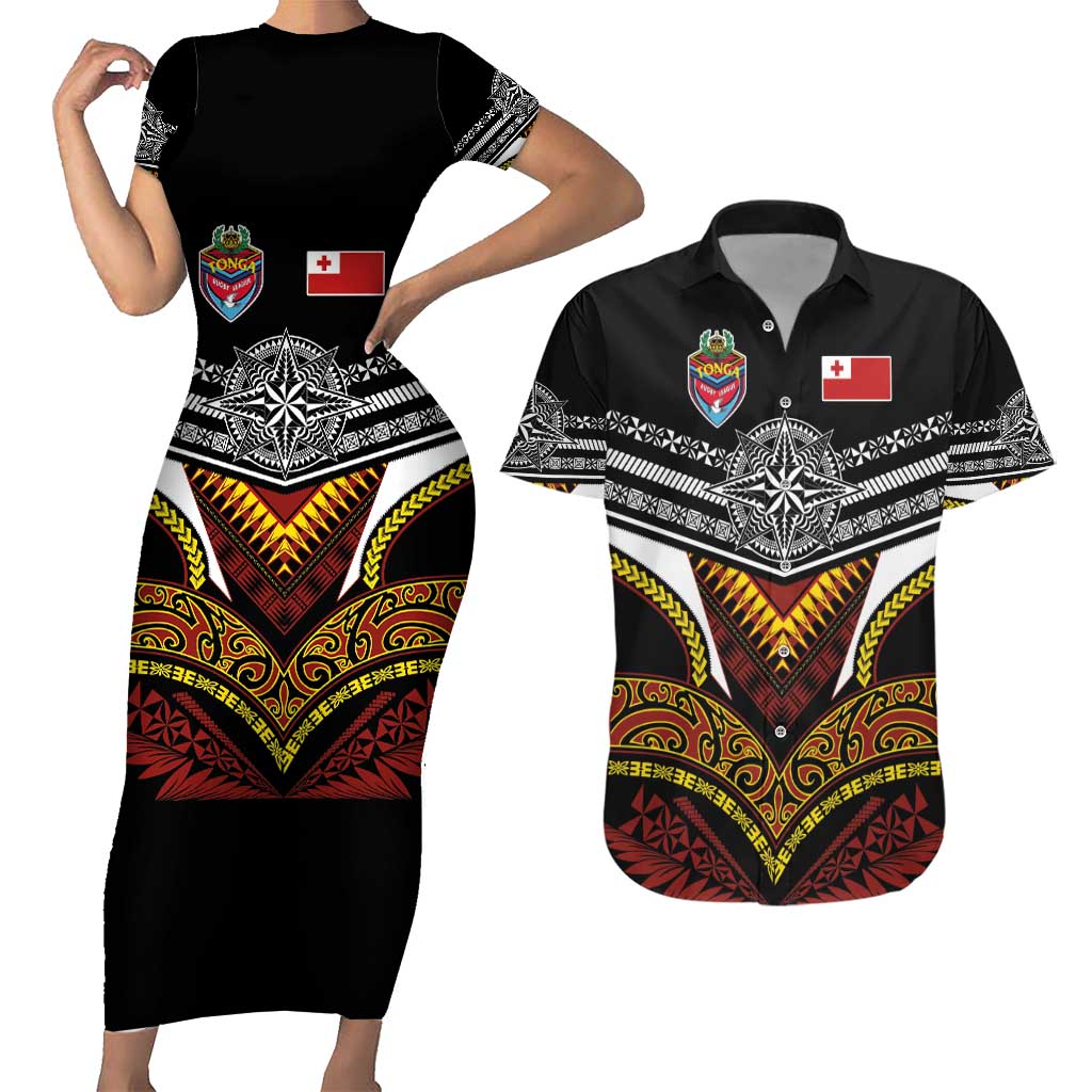Tonga Rugby Custom Couples Matching Short Sleeve Bodycon Dress and Hawaiian Shirt Mana o Tonga-Tribal Heritage Edition Black Color - Polynesian Pride
