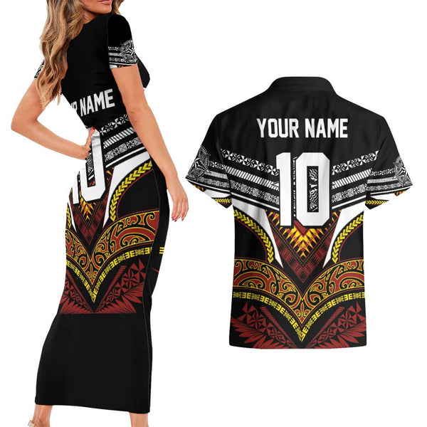 Custom Australia Wallabies and Aotearoa Rugby Couples Matching Short Sleeve Bodycon Dress and Hawaiian Shirt Kangaroo Black Fern Maori Green Vibe LT9 main image 1