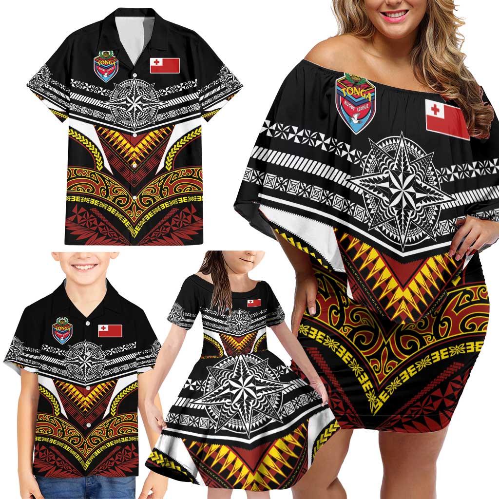 Tonga Rugby Custom Family Matching Off Shoulder Short Dress and Hawaiian Shirt Mana o Tonga-Tribal Heritage Edition Black Color - Polynesian Pride