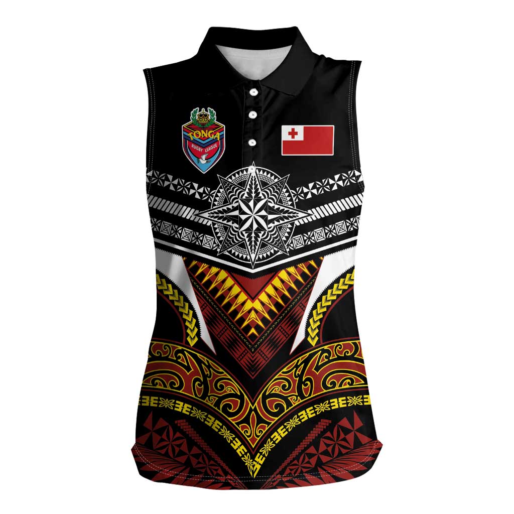 Tonga Rugby Custom Women Sleeveless Polo Shirt Mana o Tonga-Tribal Heritage Edition Black Color - Polynesian Pride