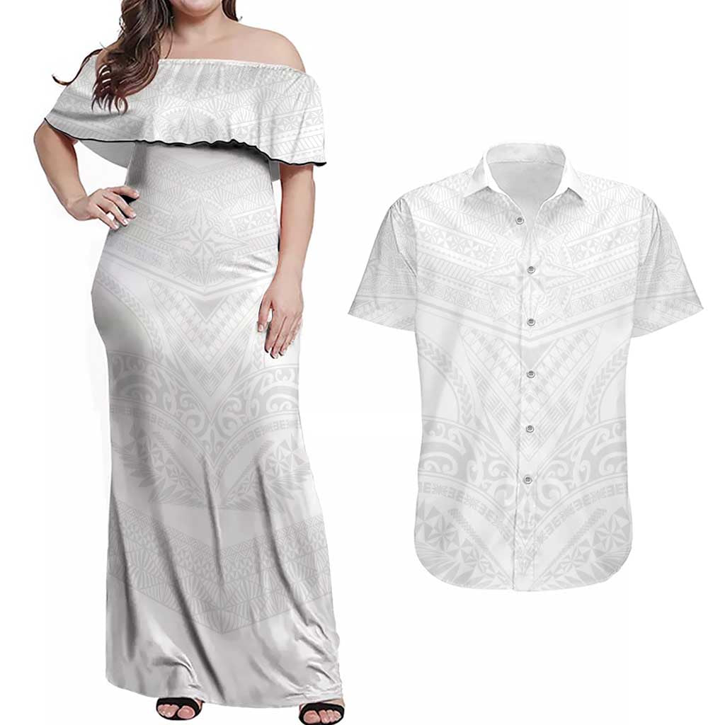 Tonga White Sunday Couples Matching Off Shoulder Maxi Dress and Hawaiian Shirt Tongan Tribal Heritage Tattoos - Polynesian Pride
