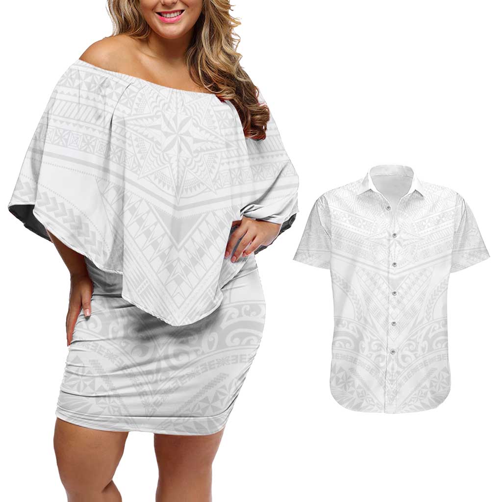 Tonga White Sunday Couples Matching Off Shoulder Short Dress and Hawaiian Shirt Tongan Tribal Heritage Tattoos - Polynesian Pride