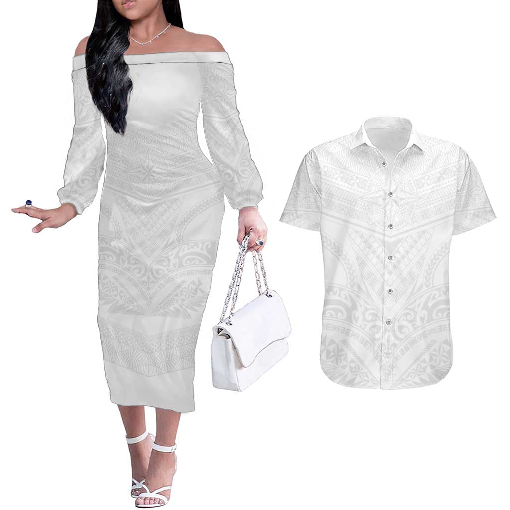 Tonga White Sunday Couples Matching Off The Shoulder Long Sleeve Dress and Hawaiian Shirt Tongan Tribal Heritage Tattoos - Polynesian Pride
