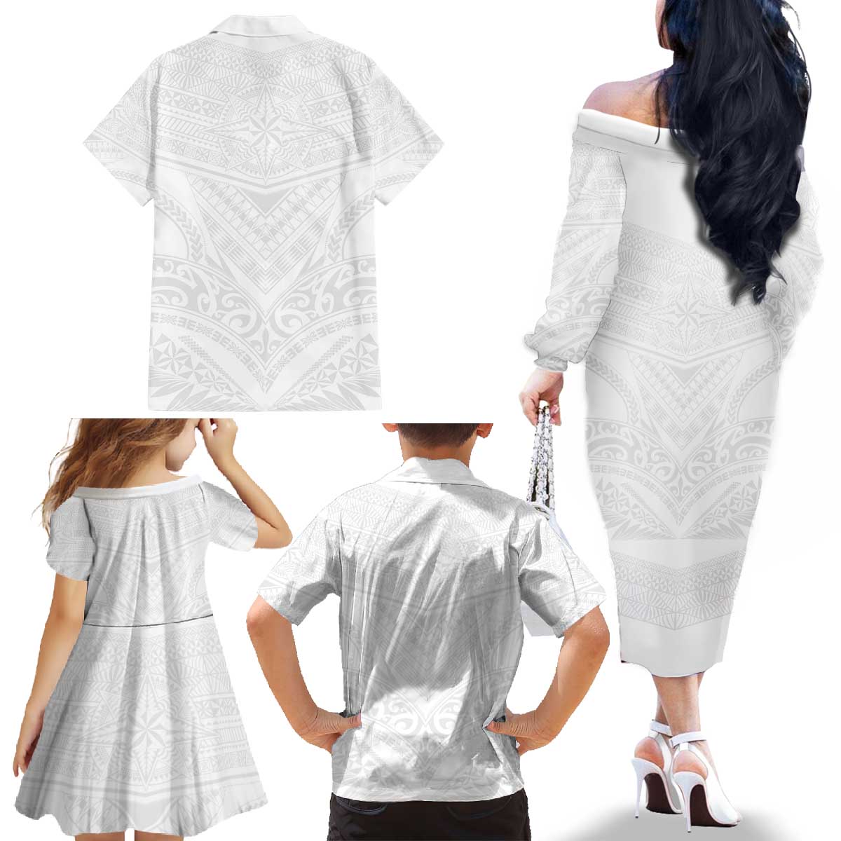 Tonga White Sunday Family Matching Off The Shoulder Long Sleeve Dress and Hawaiian Shirt Tongan Tribal Heritage Tattoos - Polynesian Pride