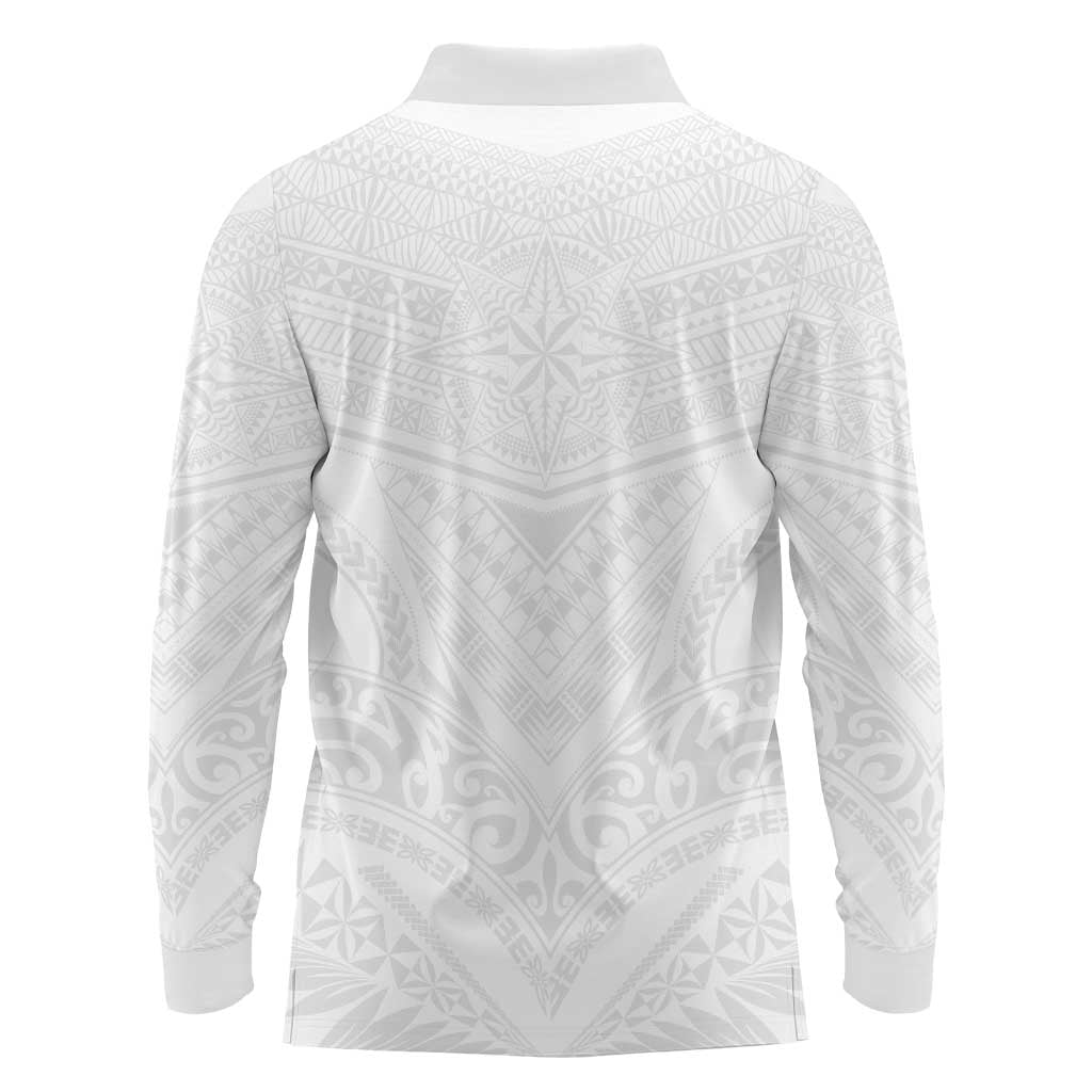 Tonga White Sunday Long Sleeve Polo Shirt Tongan Tribal Heritage Tattoos - Polynesian Pride