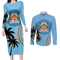 Personalised Fiji Couples Matching Long Sleeve Bodycon Dress and Long Sleeve Button Shirts Tapa Pattern Fijian Coat of Arms and Palm Tree LT03 Blue - Polynesian Pride