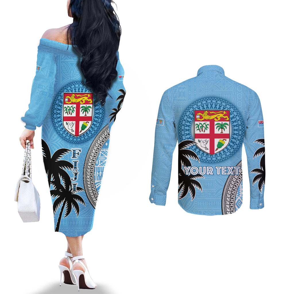 Personalised Fiji Couples Matching Off The Shoulder Long Sleeve Dress and Long Sleeve Button Shirts Tapa Pattern Fijian Coat of Arms and Palm Tree LT03 - Polynesian Pride