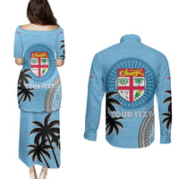 Personalised Fiji Couples Matching Puletasi Dress and Long Sleeve Button Shirts Tapa Pattern Fijian Coat of Arms and Palm Tree LT03 - Polynesian Pride