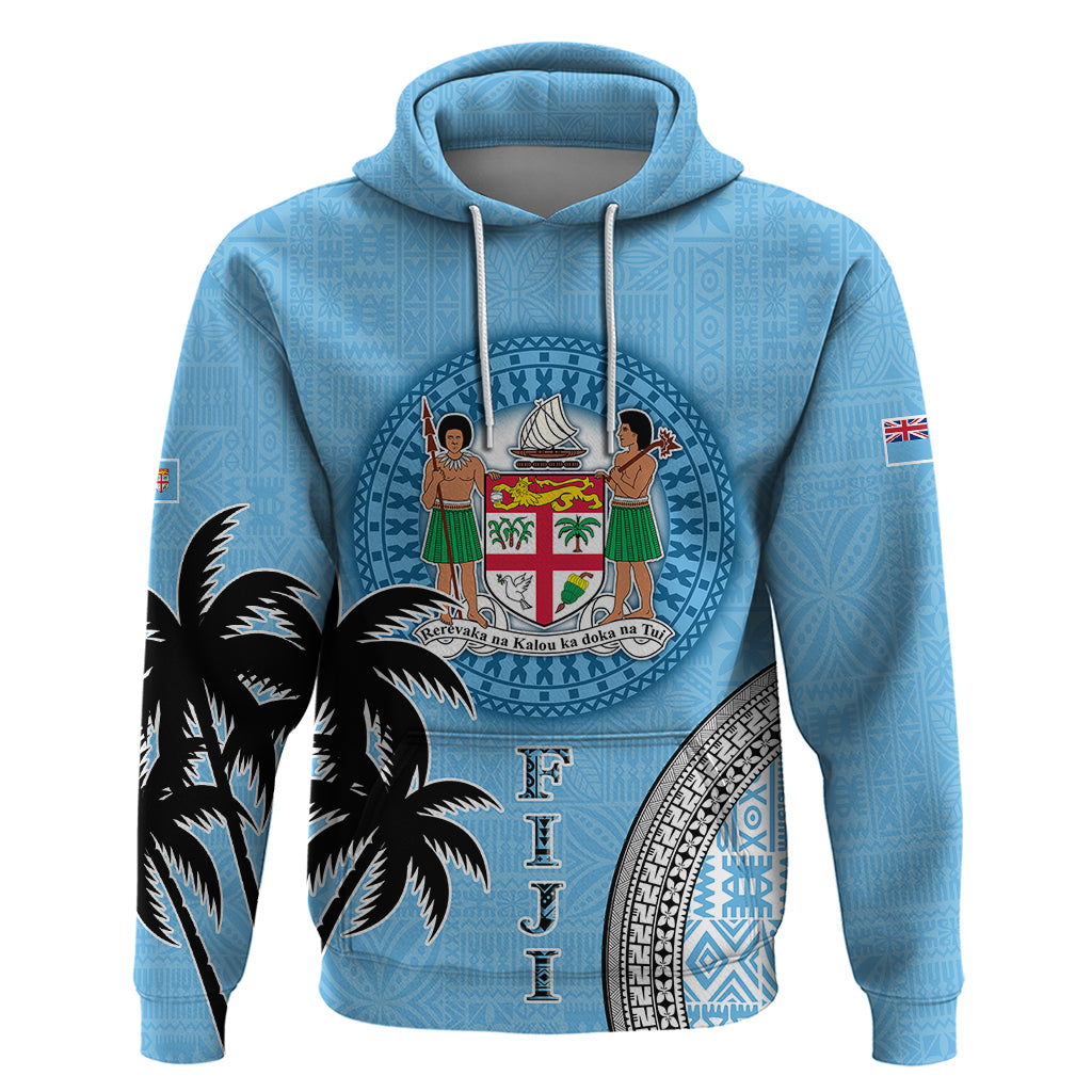 Personalised Fiji Hoodie Tapa Pattern Fijian Coat of Arms and Palm Tree LT03 Blue - Polynesian Pride
