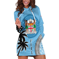 Personalised Fiji Hoodie Dress Tapa Pattern Fijian Coat of Arms and Palm Tree LT03 Blue - Polynesian Pride