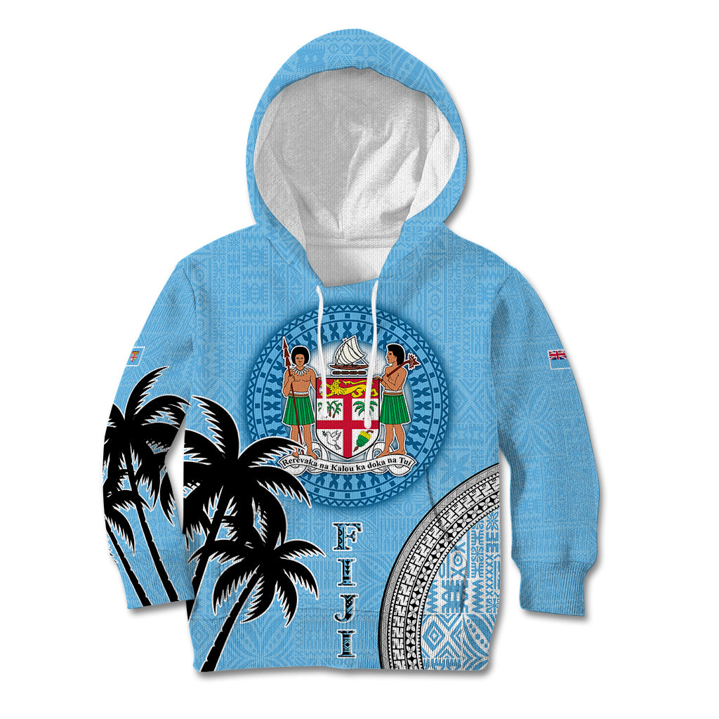 Personalised Fiji Kid Hoodie Tapa Pattern Fijian Coat of Arms and Palm Tree LT03 Hoodie Blue - Polynesian Pride