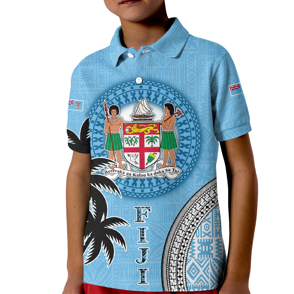 Personalised Fiji Kid Polo Shirt Tapa Pattern Fijian Coat of Arms and Palm Tree LT03 Kid Blue - Polynesian Pride