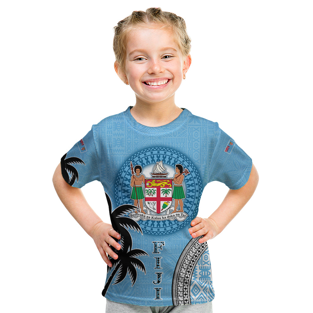 Personalised Fiji Kid T Shirt Tapa Pattern Fijian Coat of Arms and Palm Tree LT03 Blue - Polynesian Pride