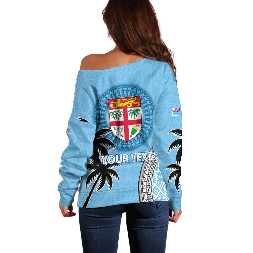 Personalised Fiji Off Shoulder Sweater Tapa Pattern Fijian Coat of Arms and Palm Tree LT03 - Polynesian Pride