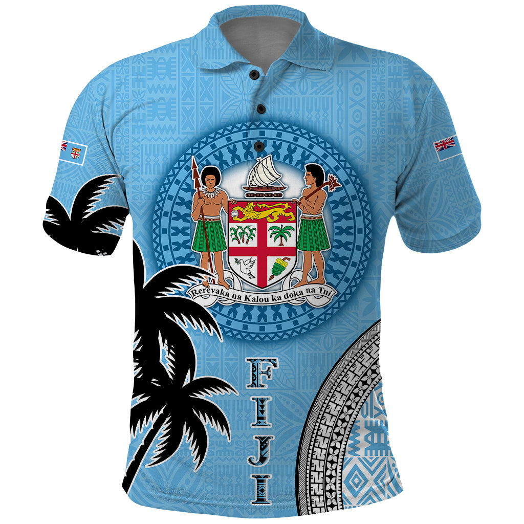 Personalised Fiji Polo Shirt Tapa Pattern Fijian Coat of Arms and Palm Tree LT03 Blue - Polynesian Pride