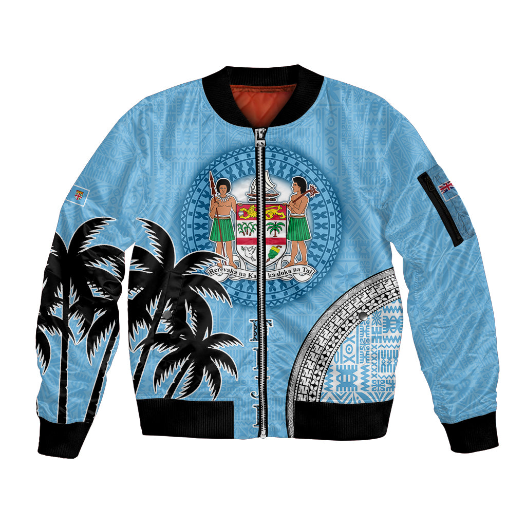 Personalised Fiji Sleeve Zip Bomber Jacket Tapa Pattern Fijian Coat of Arms and Palm Tree LT03 Unisex Blue - Polynesian Pride