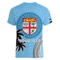 Personalised Fiji Women V Neck T Shirt Tapa Pattern Fijian Coat of Arms and Palm Tree LT03 - Polynesian Pride