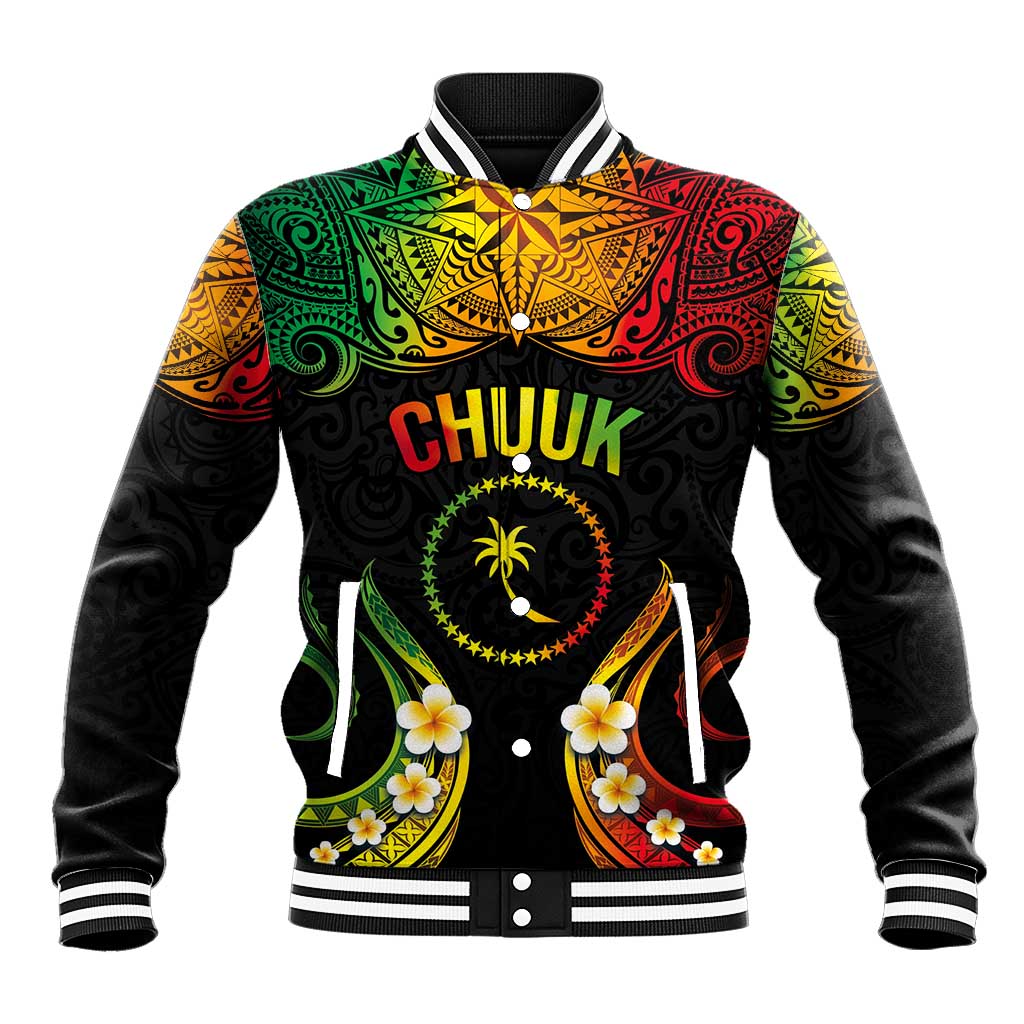 Personalised Chuuk Independence Day Baseball Jacket Polynesian Tattoo and Plumeria Reggae Color LT03 Unisex Reggae - Polynesian Pride
