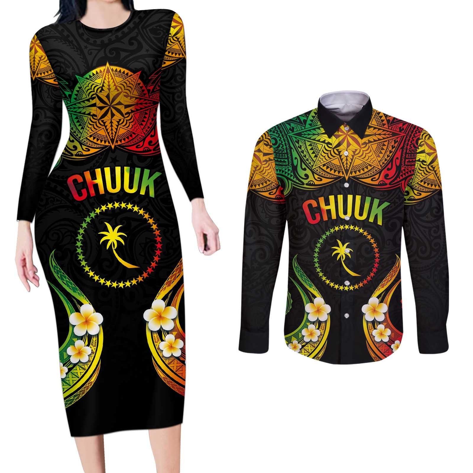 Personalised Chuuk Independence Day Couples Matching Long Sleeve Bodycon Dress and Long Sleeve Button Shirt Polynesian Tattoo and Plumeria Reggae Color LT03 Reggae - Polynesian Pride
