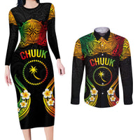 Personalised Chuuk Independence Day Couples Matching Long Sleeve Bodycon Dress and Long Sleeve Button Shirt Polynesian Tattoo and Plumeria Reggae Color