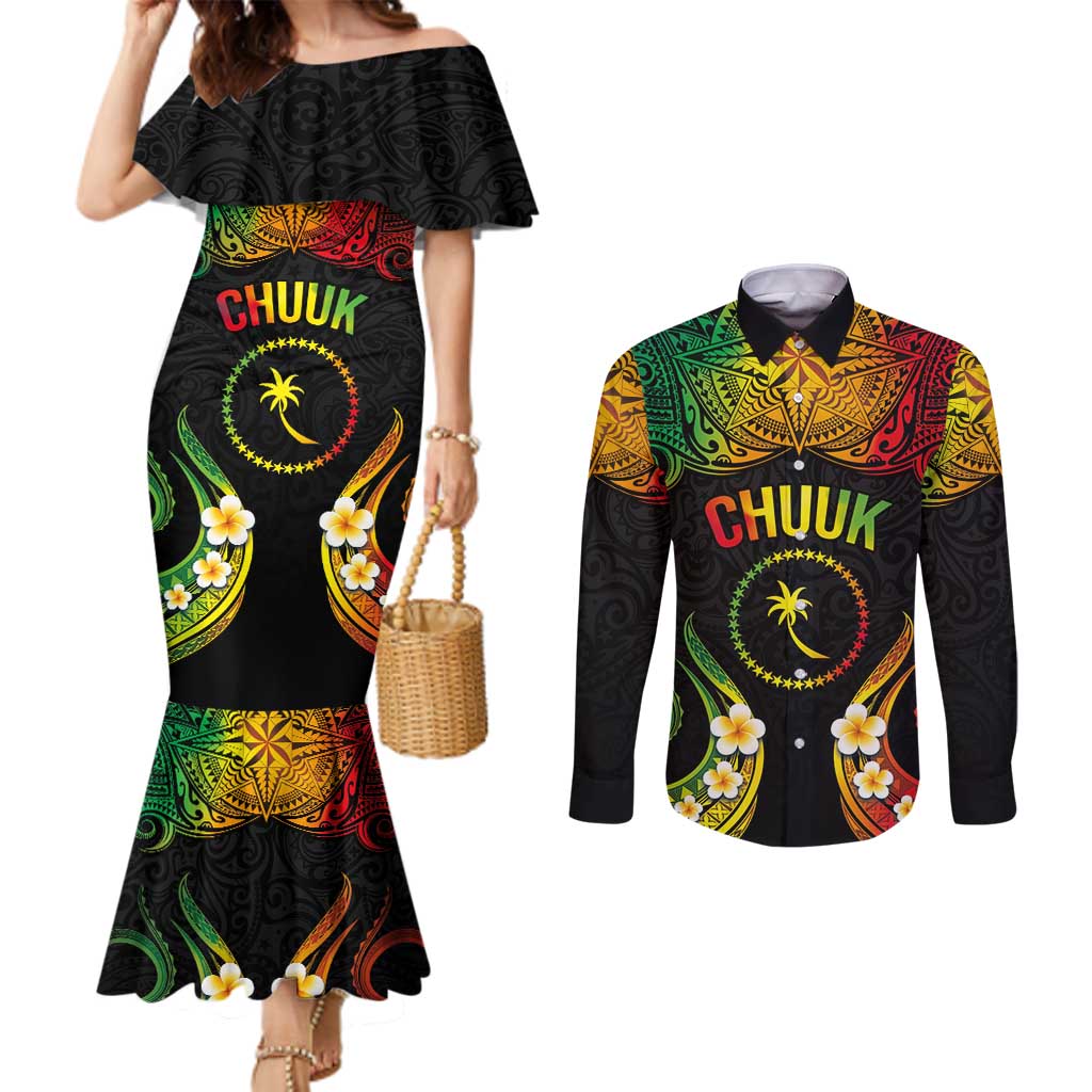 Personalised Chuuk Independence Day Couples Matching Mermaid Dress and Long Sleeve Button Shirt Polynesian Tattoo and Plumeria Reggae Color