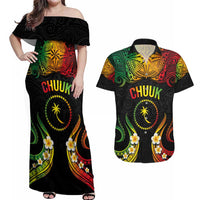 Personalised Chuuk Independence Day Couples Matching Off Shoulder Maxi Dress and Hawaiian Shirt Polynesian Tattoo and Plumeria Reggae Color