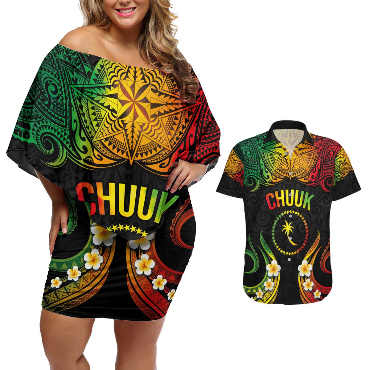 Personalised Chuuk Independence Day Couples Matching Off Shoulder Short Dress and Hawaiian Shirt Polynesian Tattoo and Plumeria Reggae Color