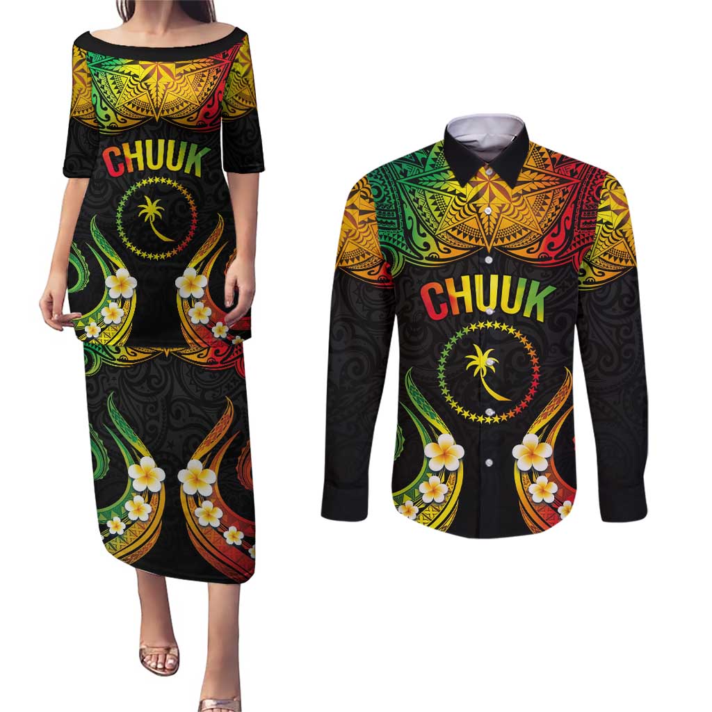 Personalised Chuuk Independence Day Couples Matching Puletasi and Long Sleeve Button Shirt Polynesian Tattoo and Plumeria Reggae Color LT03 Reggae - Polynesian Pride