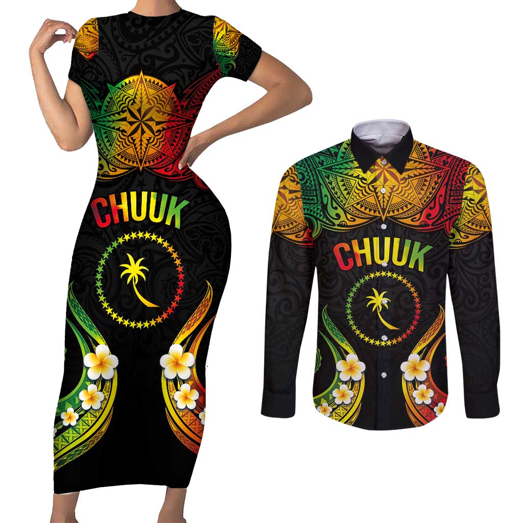 Personalised Chuuk Independence Day Couples Matching Short Sleeve Bodycon Dress and Long Sleeve Button Shirt Polynesian Tattoo and Plumeria Reggae Color LT03 Reggae - Polynesian Pride
