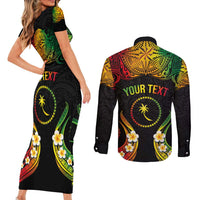 Personalised Chuuk Independence Day Couples Matching Short Sleeve Bodycon Dress and Long Sleeve Button Shirt Polynesian Tattoo and Plumeria Reggae Color