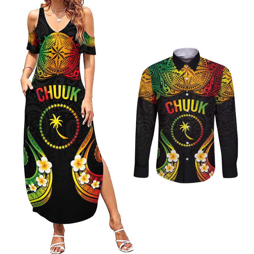 Personalised Chuuk Independence Day Couples Matching Summer Maxi Dress and Long Sleeve Button Shirt Polynesian Tattoo and Plumeria Reggae Color LT03 Reggae - Polynesian Pride