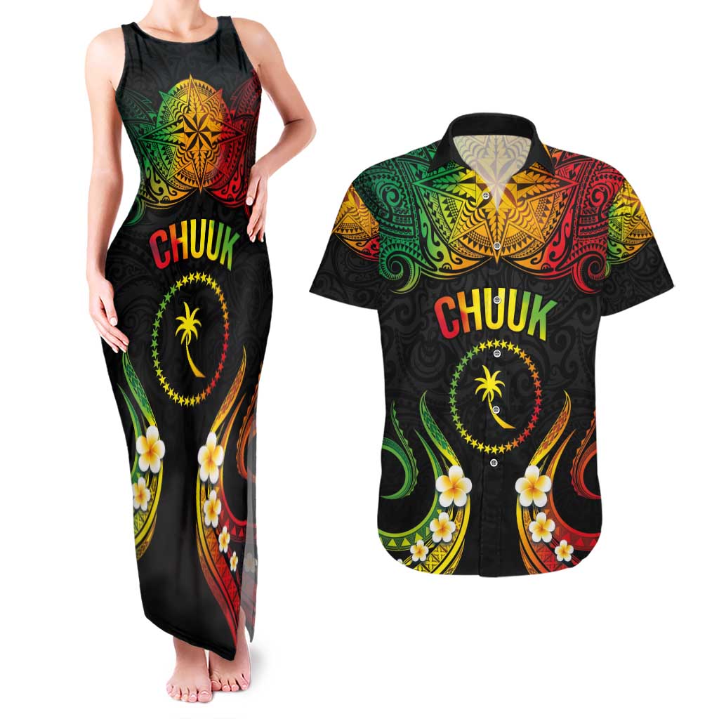 Personalised Chuuk Independence Day Couples Matching Tank Maxi Dress and Hawaiian Shirt Polynesian Tattoo and Plumeria Reggae Color LT03 Reggae - Polynesian Pride