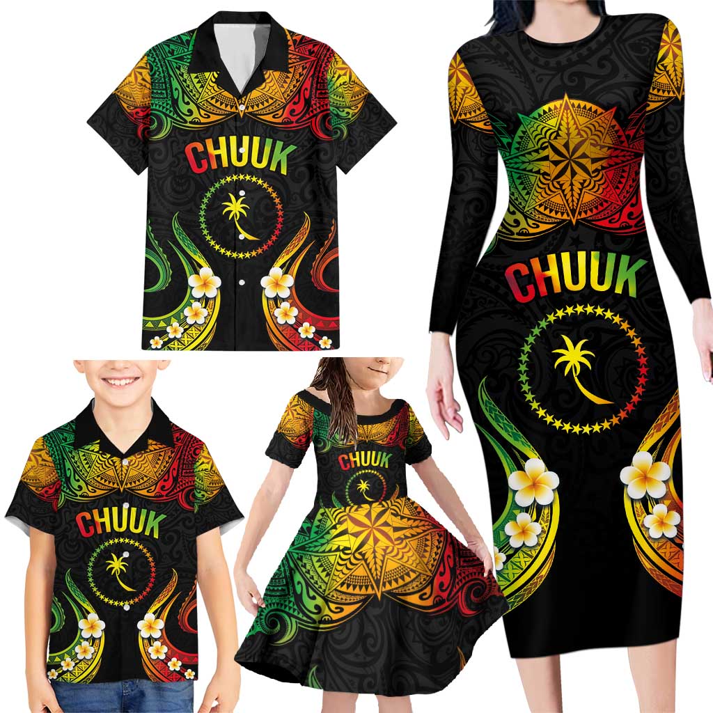 Personalised Chuuk Independence Day Family Matching Long Sleeve Bodycon Dress and Hawaiian Shirt Polynesian Tattoo and Plumeria Reggae Color LT03 - Polynesian Pride