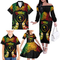 Personalised Chuuk Independence Day Family Matching Off The Shoulder Long Sleeve Dress and Hawaiian Shirt Polynesian Tattoo and Plumeria Reggae Color LT03 - Polynesian Pride