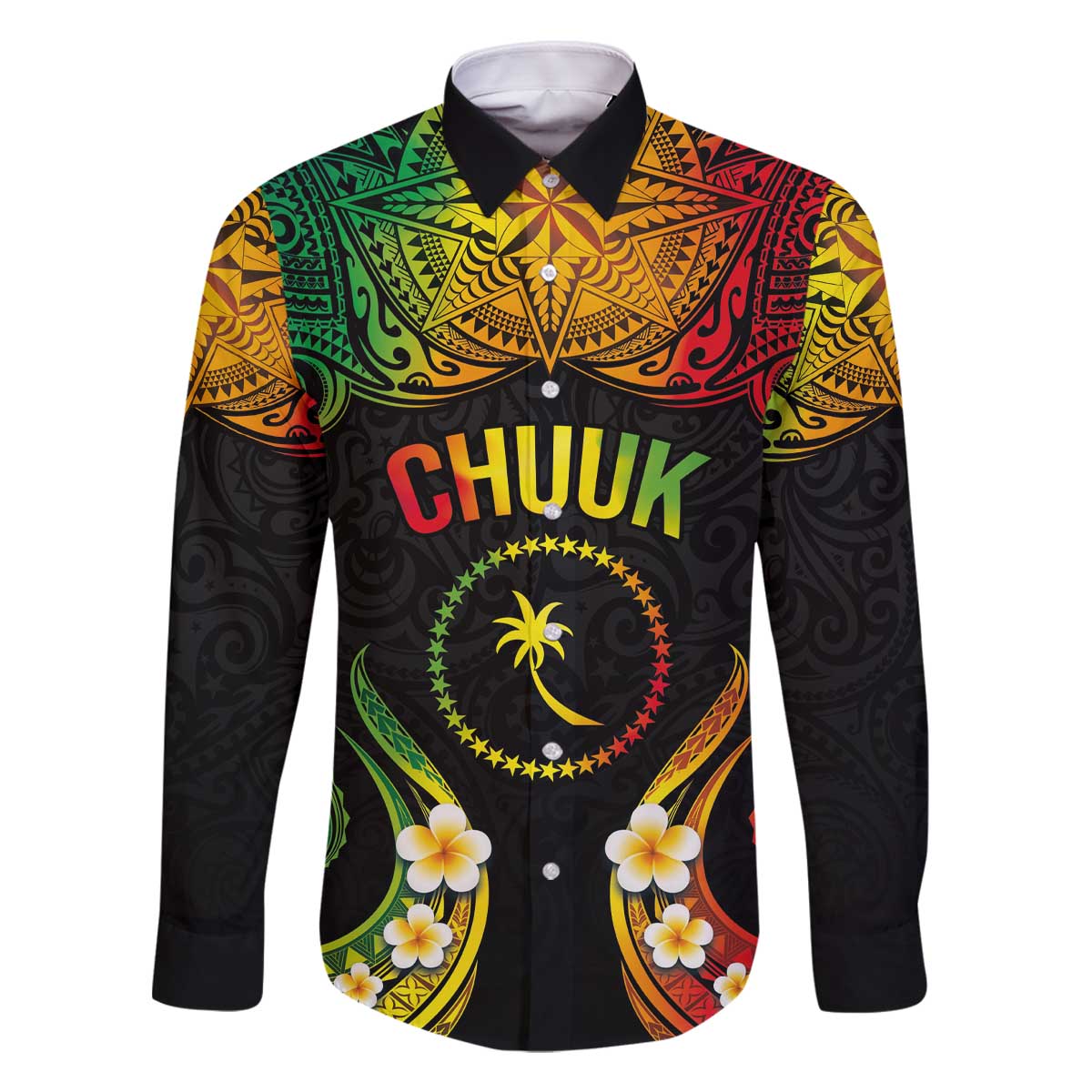 Personalised Chuuk Independence Day Family Matching Off The Shoulder Long Sleeve Dress and Hawaiian Shirt Polynesian Tattoo and Plumeria Reggae Color LT03 Dad's Shirt - Long Sleeve Reggae - Polynesian Pride
