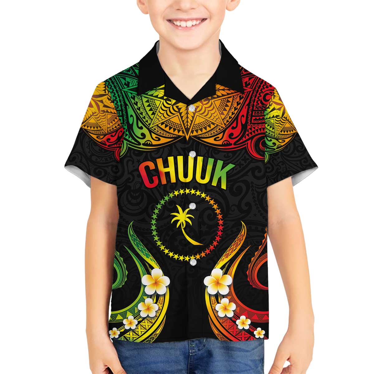 Personalised Chuuk Independence Day Family Matching Off The Shoulder Long Sleeve Dress and Hawaiian Shirt Polynesian Tattoo and Plumeria Reggae Color LT03 Son's Shirt Reggae - Polynesian Pride