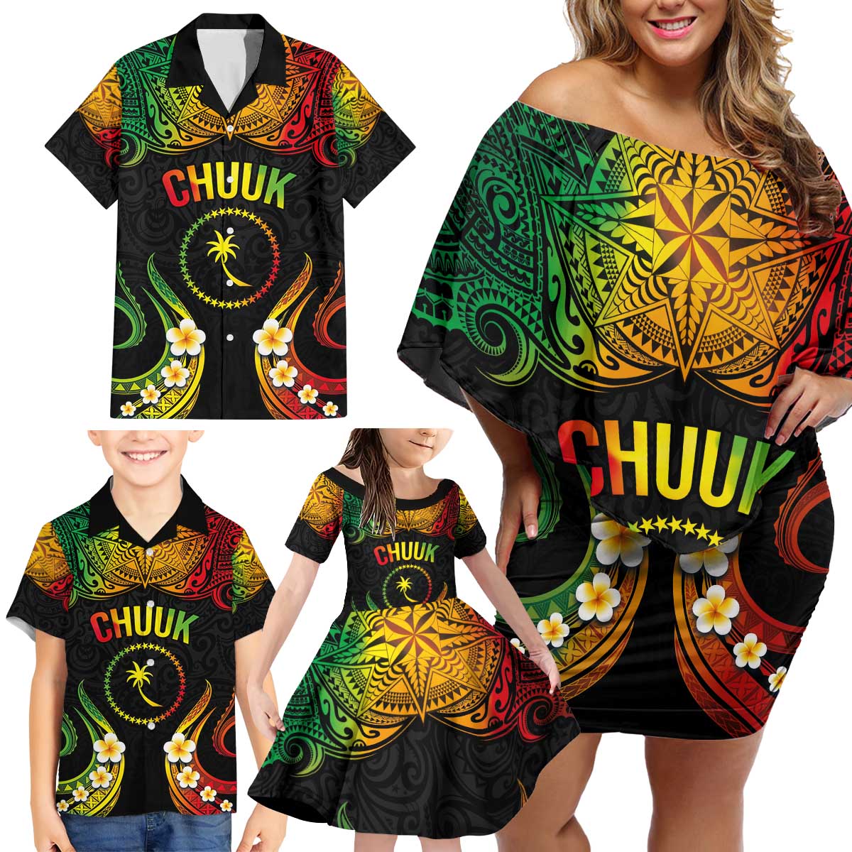 Personalised Chuuk Independence Day Family Matching Off Shoulder Short Dress and Hawaiian Shirt Polynesian Tattoo and Plumeria Reggae Color LT03 - Polynesian Pride