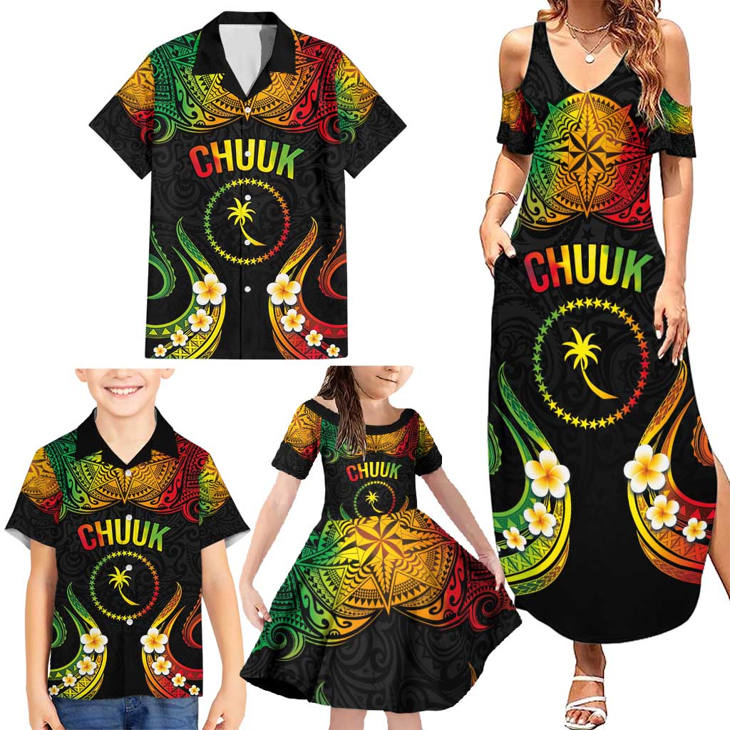Personalised Chuuk Independence Day Family Matching Summer Maxi Dress and Hawaiian Shirt Polynesian Tattoo and Plumeria Reggae Color LT03 - Polynesian Pride