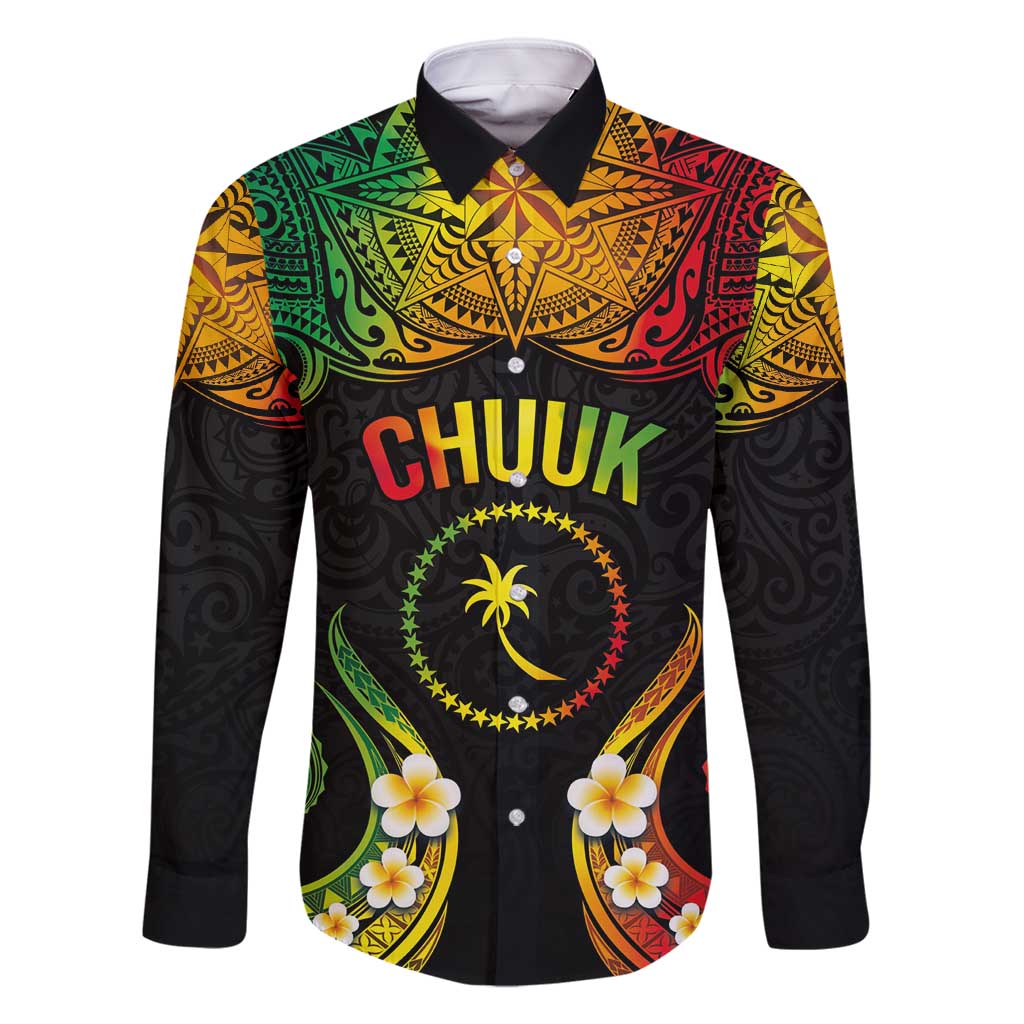 Personalised Chuuk Independence Day Family Matching Summer Maxi Dress and Hawaiian Shirt Polynesian Tattoo and Plumeria Reggae Color LT03 Dad's Shirt - Long Sleeve Reggae - Polynesian Pride