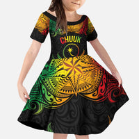 Personalised Chuuk Independence Day Kid Short Sleeve Dress Polynesian Tattoo and Plumeria Reggae Color