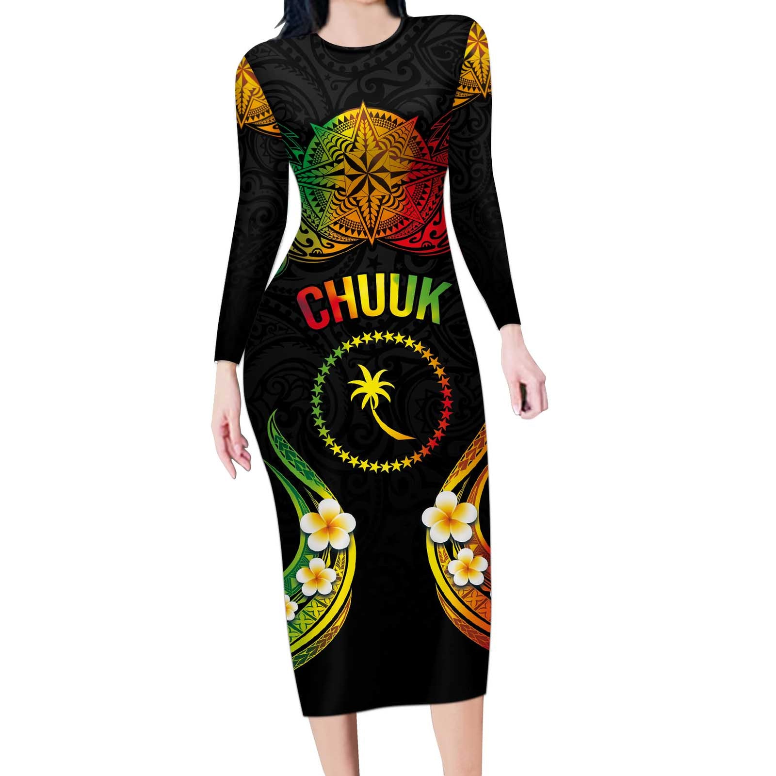 Personalised Chuuk Independence Day Long Sleeve Bodycon Dress Polynesian Tattoo and Plumeria Reggae Color LT03 Long Dress Reggae - Polynesian Pride