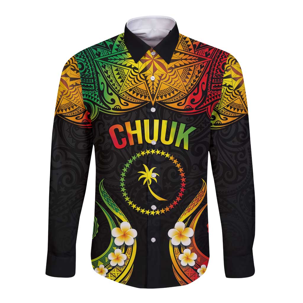 Personalised Chuuk Independence Day Long Sleeve Button Shirt Polynesian Tattoo and Plumeria Reggae Color LT03 Unisex Reggae - Polynesian Pride