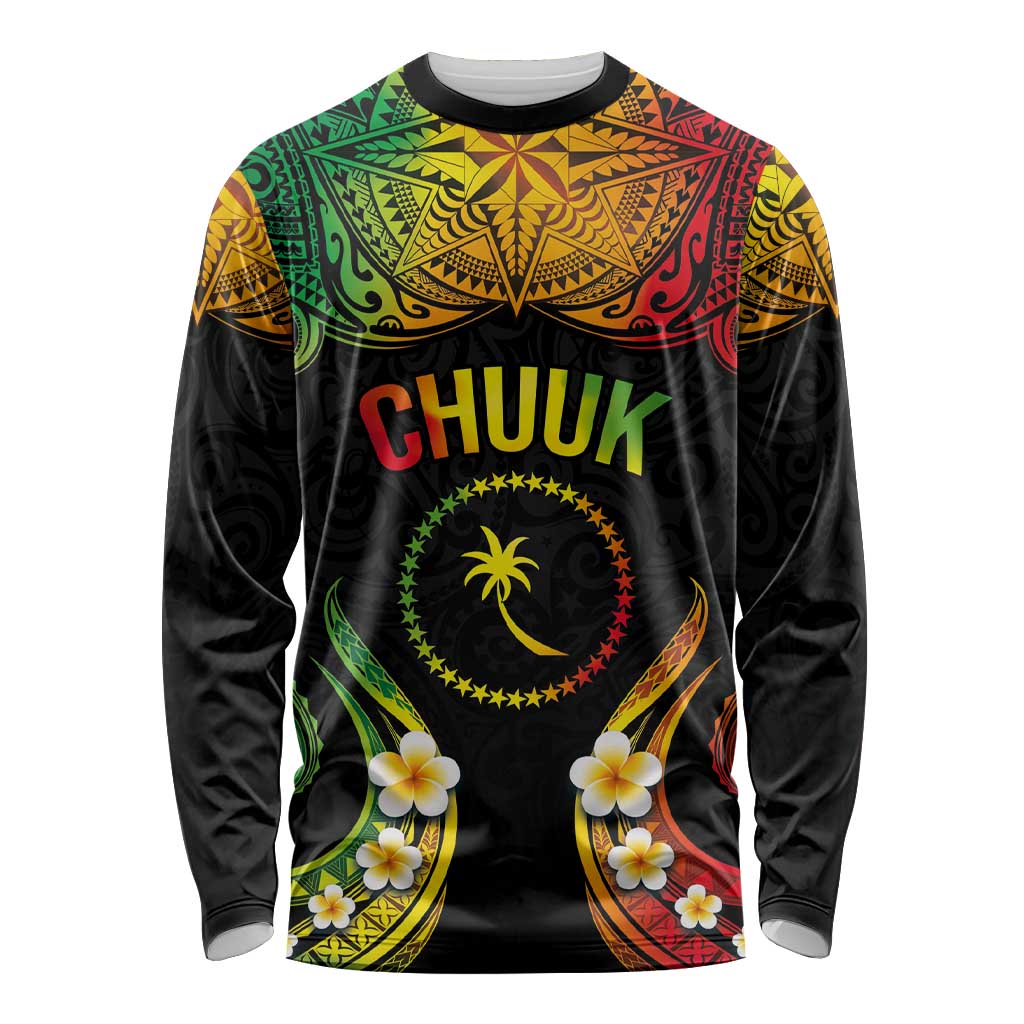 Personalised Chuuk Independence Day Long Sleeve Shirt Polynesian Tattoo and Plumeria Reggae Color LT03 Unisex Reggae - Polynesian Pride